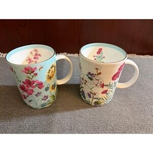 Good Earth Persia Garden Fine Bone China Mug Set 2 Blue White Floral Butterfly